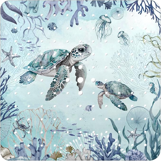 Bathtub Mat Non Slip, Turtle Square Bath tub Mat Shower Floor Mat with Suction Cups for Adults Kids Elderly 21 X 21 Inch