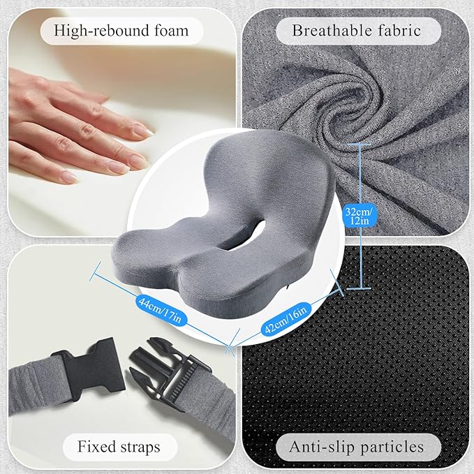 Car Seat Cushion, Memory Foam Driving Cushion with Adjustable Strap, Ergonomic Pad for Car & Semi Truck, Office Chair Cushion for Sciatica & Lower Back Pain Relief, Light Gray