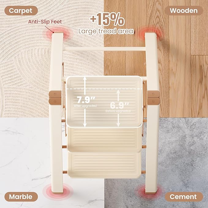 3 Step Ladder, 3 Step Stool for Adults, Folding Step Ladder with Secure Footing, Widened Pedal, Aesthetically Pleasing Looking, Blends Right into Domestic Rooms, Cream Chocolate