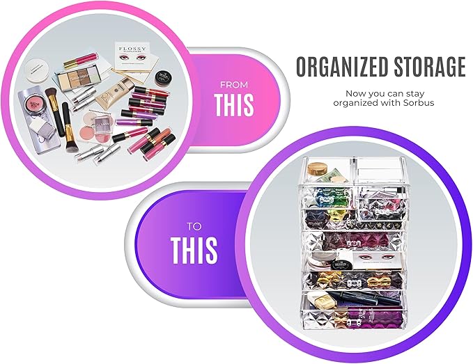 Sorbus Acrylic Makeup Organizer Set, 6-Drawer Vanity & Countertop Cosmetic Storage with Small & Wide Drawers, Diamond Makeup Storage for Brushes, Lipsticks, Jewelry – Holiday Gift for Women & Teens
