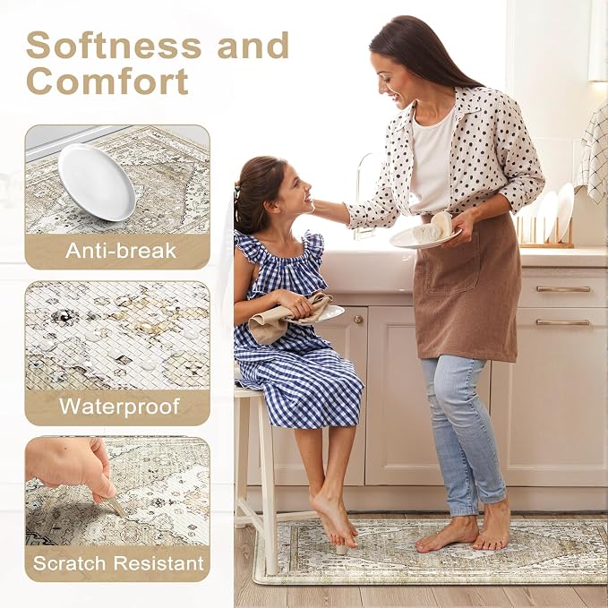 Collive Boho Kitchen Mats for Floor 2 Piece, Cushioned Anti Fatigue Kitchen Mat Non-Skid Waterproof Under Sink Rug, Taupe Comfort Standing Desk Mat for Office, Home & Kitchen, 17.3"x29"+17.3"x47"