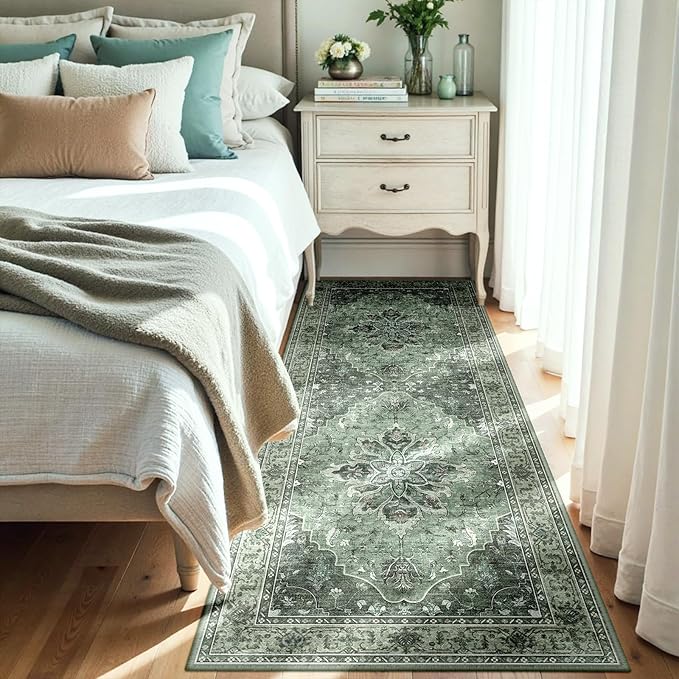 RELEANY Area Rugs Runner 3'x7' Washable Non-Slip, Floral Vintage Distress Medallion Carpet for Kitchen Hallway Bedroom Beside Laundry Room Bathroom, Dark Green Gray