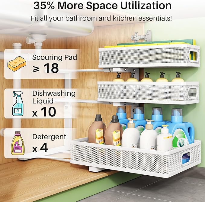 Kitstorack Under Sink Organizer, 1-Pack 3-Tier Height Adjustable Thickened Metal Pull out Cabinet Organizer Shelf, Slide out Storage Drawer Rack for Bathroom Kitchen Pantry Home Laundry Organization