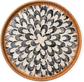 Round Rattan Tray with Mother of Pearl Inlay, Decorative Wicker Serving Tray with Wooden Base, Woven Basket Trays for Bread Fruits Coffee, Plume