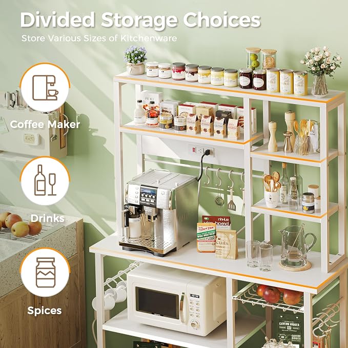 SUPERJARE Large Bakers Rack with Power Outlets, 6-Tier Microwave Stand, Coffee Bar with 12 S-Shaped Hooks, Kitchen Shelf with Wire Basket, 39.4 x 14.6X 66.9 Inches, White
