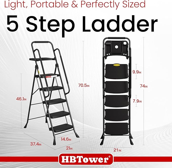 HBTower Step Ladder, 5 Step Ladder for Adults with Wide Anti-Slip Pedal, Step Stool Foldable with Handrails & Tool Tray, 330 Capacity for Home and Kitchen, Black