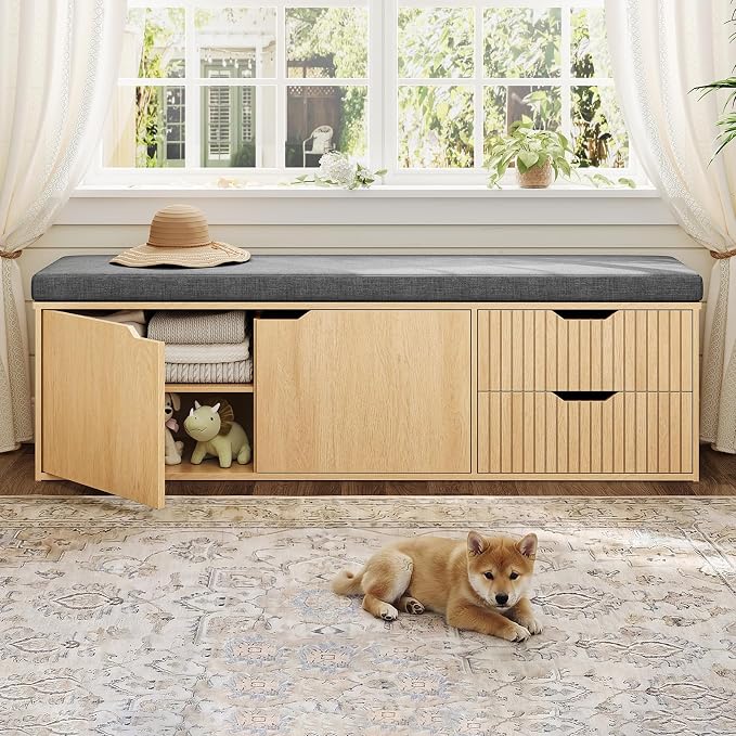 59" Storage Bench with Drawer, 2-Tier Shoe Bench with Doors, Long Entryway Bench, Thickened Cushion, Adjustable Shelf, Fluted Design for Entryway, Bedroom, Living Room, Natural