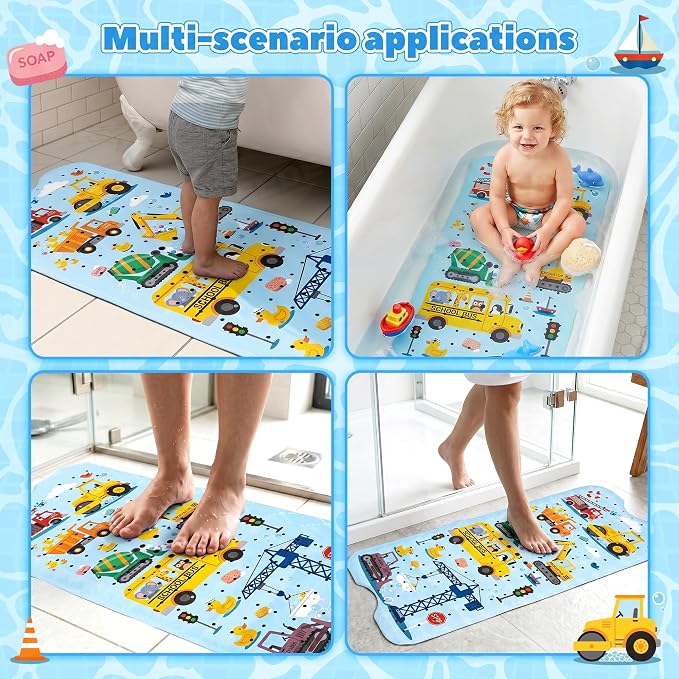 UNEEDE Baby Bathtub Mat Non Slip with 200 Suction Cups & 176 Drain Holes, 40''x16'' Quick Dry Bath Mat, Machine Washable Shower Mat for Toddlers & Kids, Vehicles Pattern