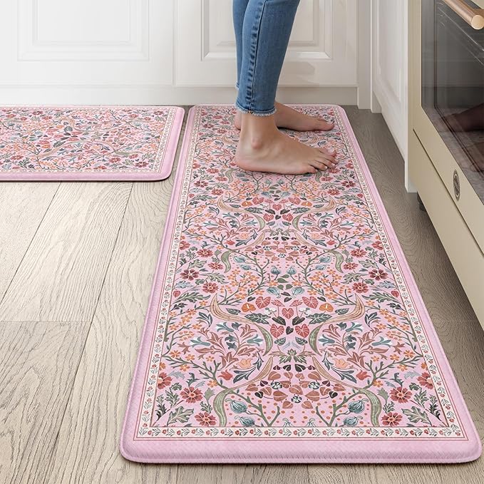 Collive Kitchen Mats for Floor, Cushioned Anti Fatigue Mat Pink Floral Rugs 2 Piece Non Skid Waterproof Sink Rug, Memory Foam Comfort Standing Mat for Office, Laundry, Desk
