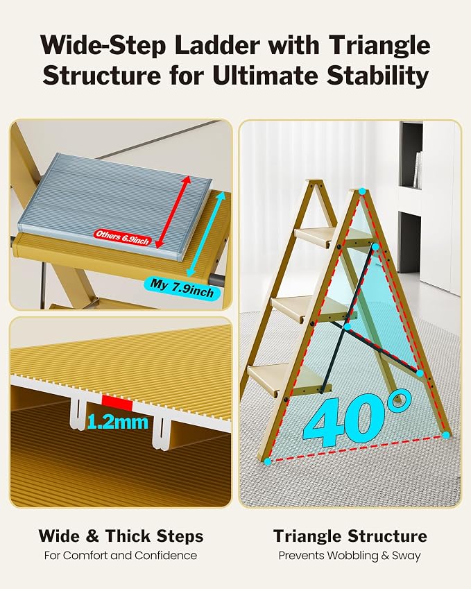 3 Step Ladder, Aluminum Lightweight Folding 3 Step Stool with Anti-Slip Wide Pedal, 330lbs Capacity Ladder for Household,Library,Office(Soft Dusk Yellow)