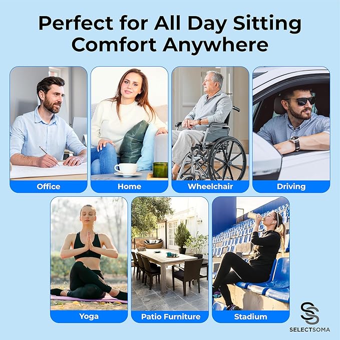 SelectSoma Double-Thick Gel Seat Cushion for Long Sitting Pressure Relief for Back, Sciatica, Coccyx, Tailbone Pain - Cushion for Airplane Travel, Office Chair, Wheelchair, Car & Truck - Egg Seat Pad