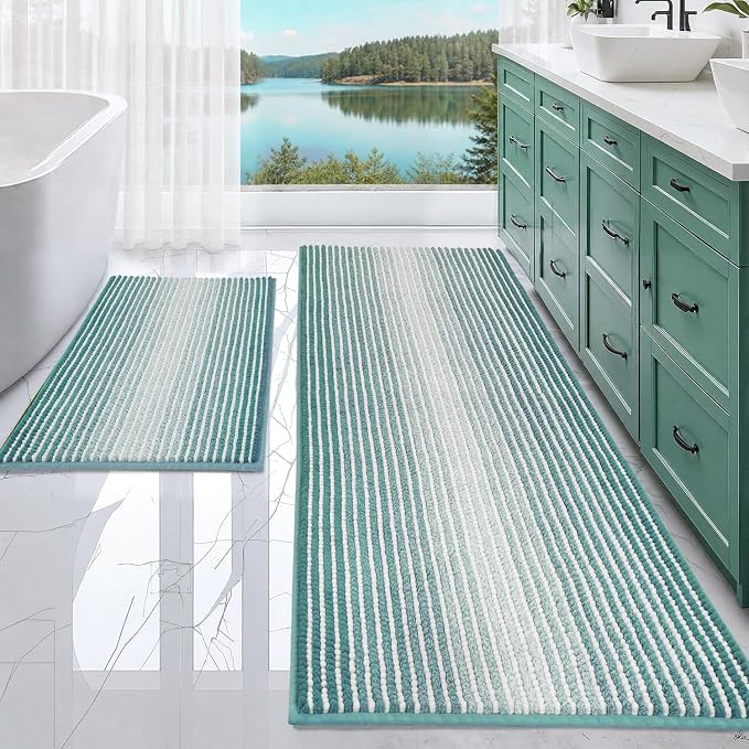 BSICPRO Bathroom Rugs and Mats Sets, 2 Piece Thick Absorbent Chenille Bath Mat Rug Set Non Slip, Soft Shaggy Bath Room Floor Mats for Bathroom, Machine Washable (Aqua Green, 24" x 70" Plus 20" x 32")