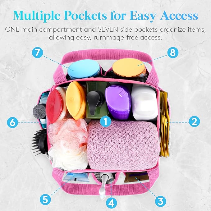 Lifewit Mesh Shower Caddy Portable for College Dorm Room Essentials with 7 Pockets, Freestanding Hanging Organizer Basket, Quick Dry Tote Bag for Camping, Bathroom, Beach, Travel, 1 Pack, Pink
