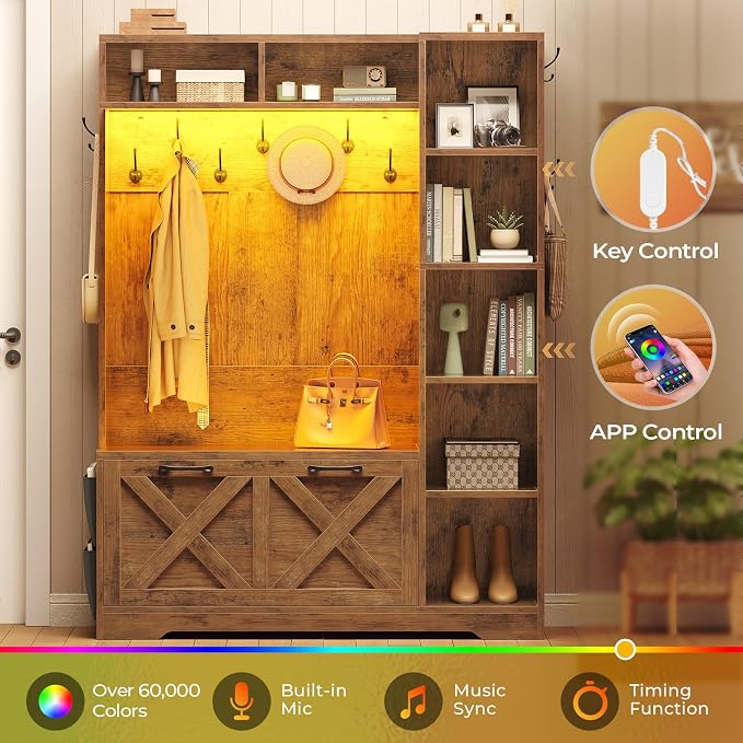 Itaar Hall Tree with Bench and Shoe Storage, Farmhouse Entryway Bench with Coat Rack, Shoe Cabinet with Flip Drawers, 7 Shelves, 10 Coat Hooks, Storage Bag, Led Lights, Rustic Brown