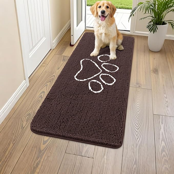 Smiry Dog Door Mat for Muddy Paws, Absorbent Dirt Trapper Non Slip Quick Dry Washable Chenille Mat for Mud Dogs, Entry Rug for Indoor and Outdoor (45x27 Inches, Brown and White)
