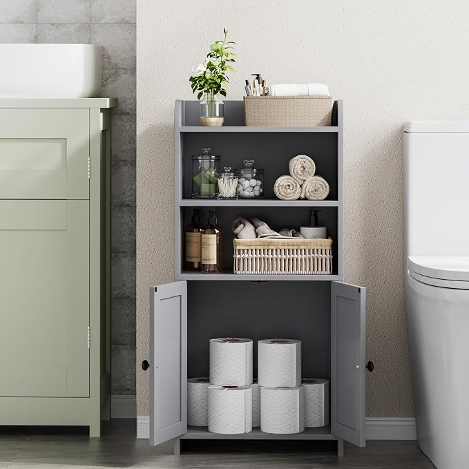 Homhedy Small Bathroom Storage Cabinet, Freestanding Toilet Paper Storage with 2 Doors and Shelves, Bathroom Organizers and Storage for Small Spaces, Laundry Room, 7.9" D x 14.6" W x 31" H, Gray