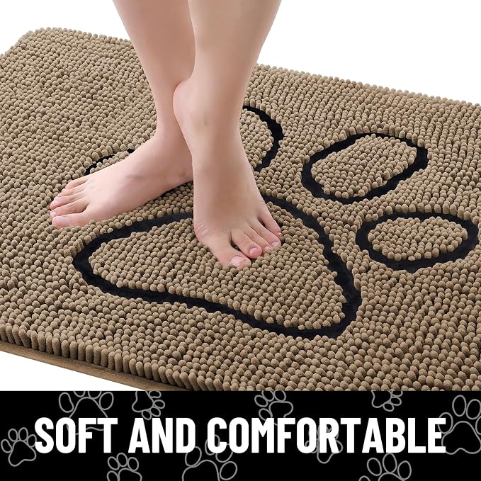 Smiry Dog Door Mat for Muddy Paws, Absorbent Dirt Trapper Non Slip Quick Dry Washable Chenille Mat for Mud Dogs, Entry Rug for Indoor and Outdoor (70x32 Inches, Camel and Black)