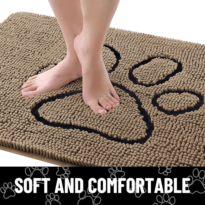 Smiry Dog Door Mat for Muddy Paws, Absorbent Dirt Trapper Non Slip Quick Dry Washable Chenille Mat for Mud Dogs, Entry Rug for Indoor and Outdoor (34x21 Inches, Camel and Black)