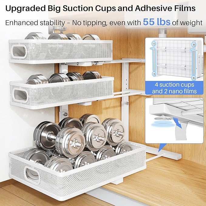 Under Sink Organizer, 1-Pack 3-Tier Thickened Metal Pull out Cabinet Organizer Shelf, Height Adjustable Slide out Storage Drawer Rack for Kitchen Bathroom Pantry Laundry Home Organization, White
