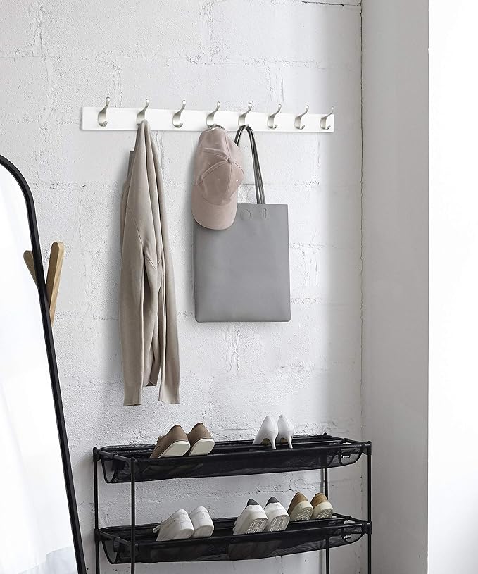 Amazon Basics Wall Mounted Modern Coat Rack for Entryway and Bedroom with Versatile Storage Hooks, Rectangular, 8-Hook, White | Rectangular