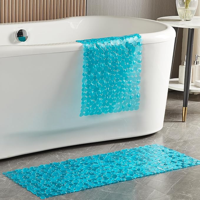 Webos Bath Shower Mat Non Slip: Extra Large Pebble Bathtub mat for Families, Anti Slip Shower Matt with Drain Holes Suction Cups Tub Mat - 16 X 40 Inch Clear Green