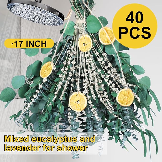 5 Kinds Mixed PCS Dried Eucalyptus & Lavender Flowers Bundle for Shower, 40 PCS 15''-17''Natural Real Fresh Preserved Eucalyptus Leaves and Lemon Shower Hanging Plants, Home Bathroom Decor, Fragrance