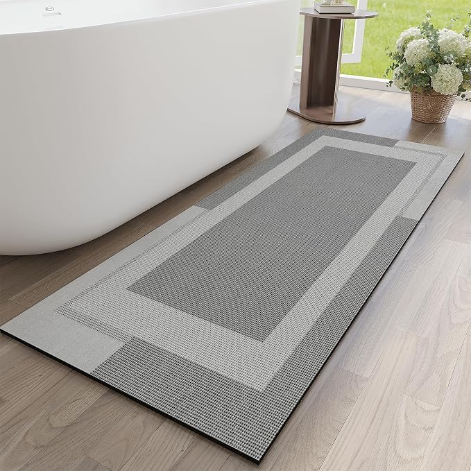 YDKGL Non Slip Long Bathroom Runner Rug Bath Mat, Rubber Backing Ultra Thin Bathroom Rugs Fit Under Door Quick Dry Super Absorbent Washable Shower Mat for Bathtub Sink Floor, Grey 17"x59"