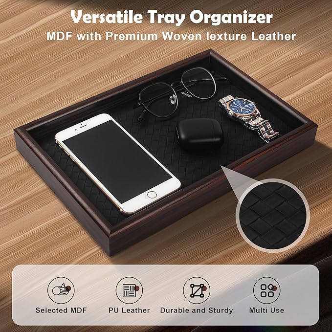 Wooden Valet Tray with Leather Base - Nightstand Catchall Organizer for Cologne, Perfume, Keys, Wallet, Phone, Watch, Jewelry & Sunglasses (Black)