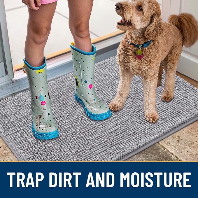 Smiry Dog Door Mat for Muddy Paws 70x24, Absorbent Dirt Trapper, Non-Slip Washable Chenille Entryway Rug for Inside Floor, Light Grey, Classic Solid