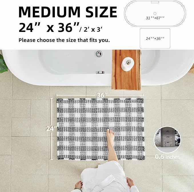 TYUU Waffle Bath Mat, Boho Bathroom Rugs Non Slip Washable Absorbent Checkered Bathroom Mat Quick Dry Farmhouse Bathroom Decor, 36"x24" Black and White