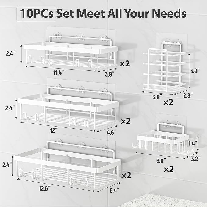 Liuoud 10 Pack Shower Caddy Organizer Rack Shelf for Inside Shower, Self Adhesive Wall Storage Basket Rustproof Stainless Steel Shampoo Holder Bathroom Accessory Decor Set, White