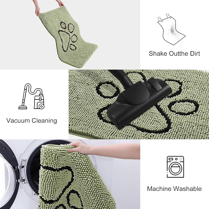 Smiry Dog Door Mat for Muddy Paws, Absorbent Dirt Trapper Non Slip Quick Dry Washable Chenille Mat for Mud Dogs, Entry Rug for Indoor and Outdoor (30x20 Inches, Sage Green and Black)
