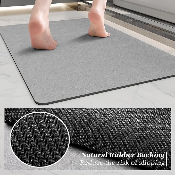 Bathroom Mat Rugs 47x17, Long Diatomaceous Earth Bath Mat Large Quick Dry Bath Mat Non Slip Rubber Backed Super Absorbent Shower Mats, Thin Bathroom Runner Rugs Floor Mat Fit Under Door, Grey
