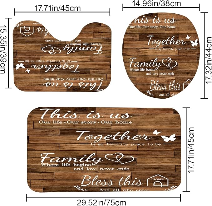4Pcs Family Shower Curtain Sets with Non-Slip Rugs, Toilet Lid Cover and Bath Mat, Brown Home Bathroom Decor Set Accessories Waterproof Shower Curtains with 12 Hooks, 72 x 72 Inch