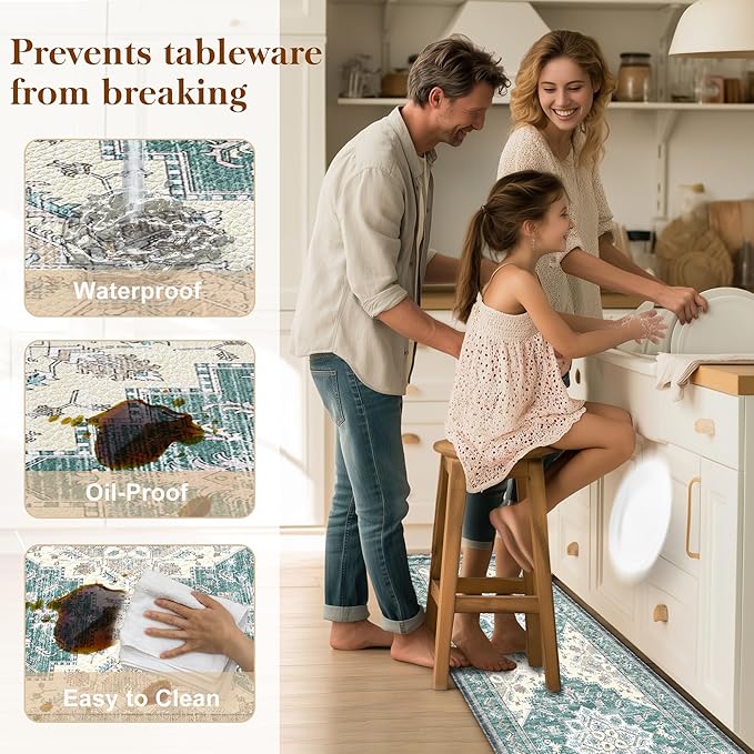 Boho Kitchen Mats for Floor 2 Piece Set Anti Fatigue Cushioned PVC Kitchen Rugs Non Slip Waterproof Farmhouse Mats 2/5 Inch Comfort Standing Mat for Sink, Laundry, 17.3"x59"+17.3"x28", Blue Green