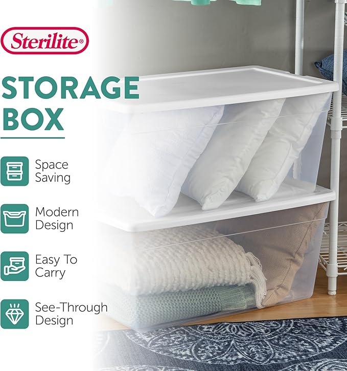 Sterilite 8-Pack 90 Quart Storage Box, Stackable Clear Plastic Bins with Snap-On Lids - Heavy-Duty Organizing Containers for Closet, Bathroom, and Office