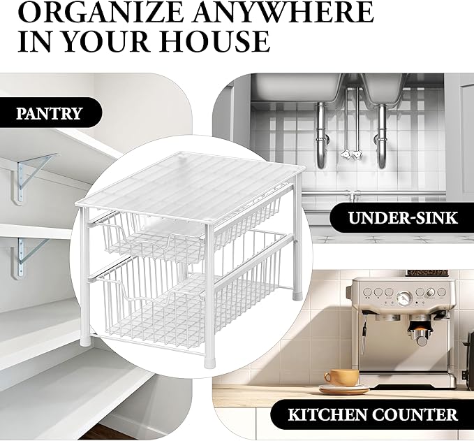 Simple Houseware Stackable Sliding Basket Organizer Drawer, White, 2-Tier