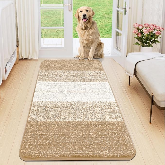 Smiry Dog Door Mat for Muddy Paws, Absorbs Moisture and Dirt, Low-Profile Entryway Mat with Non-Slip Backing, Entry Indoor Outdoor Doormat for Inside Floor (59x20 Inches, Beige, Striped)