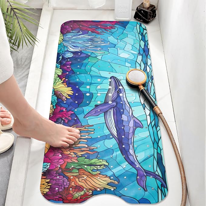 EAN Animals Bathtub Mat Non Slip, Sea Baby Bath Mat for Tub Rubber Tub Mat, Cute Toddler Kids Bath Mats for Bathroom Whale Anti Slip Shower Mat with Suction and Drain Holes Machine Washable, 40″x16″