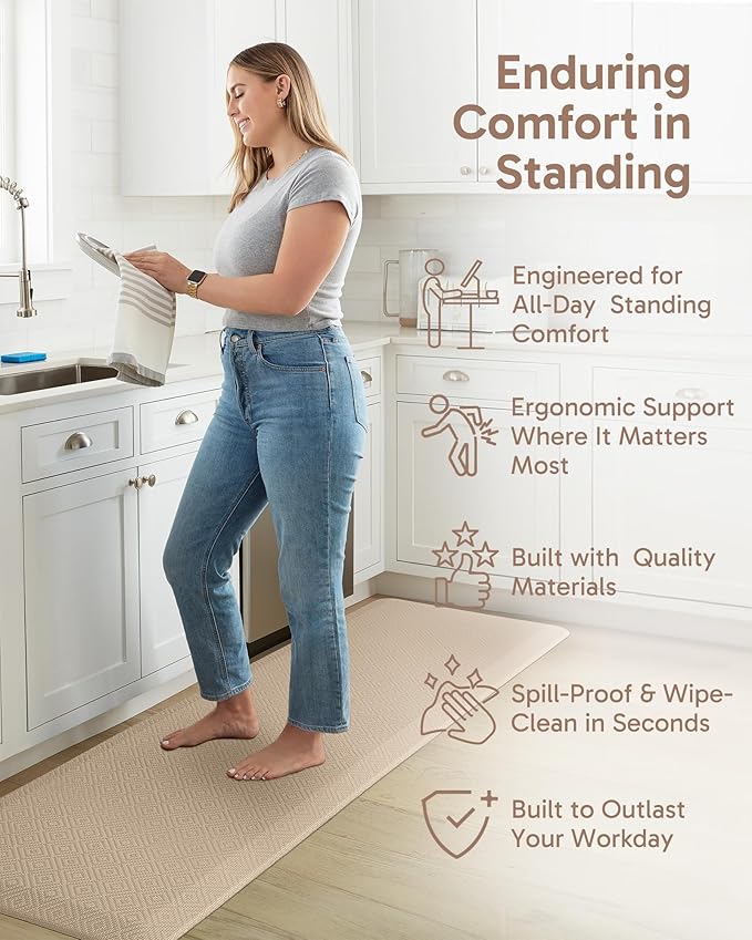 Ophanie Kitchen Mats for Floor, 3/4 Inch Thick Kitchen Rugs, 24'' x 70'' Anti Fatigue Standing Cushioned Mat, Waterproof,Comfort Ergonomic Mat for Office, Home, Sink, Beige Non-Slip Bottom