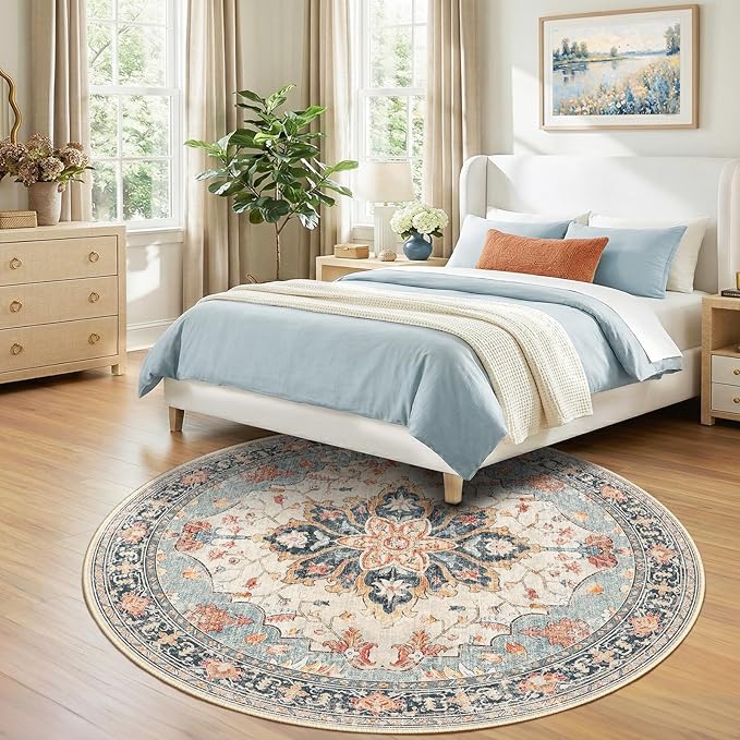 RELEANY Area Rugs Round 7ft Washable Non-Slip, Floral Vintage Distress Medallion Carpet for Living Room Bedroom Dining Room, Beige Navy Blue Orange Colorful