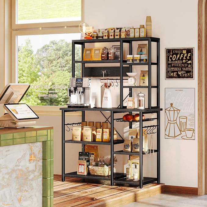SUPERJARE Large Bakers Rack with Power Outlets, 6-Tier Microwave Stand, Coffee Bar with 12 S-Shaped Hooks, Kitchen Shelf with Wire Basket, 39.4 x 14.6 x 66.9 Inches, Black