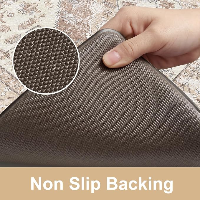 KIMODE Farmhouse Kitchen Mats Cushioned Anti Fatigue Khaki Kitchen Rugs Sets of 2, Non Slip Waterproof Kitchen Floor Mats, Ergonomic MemoryFoam Standing Mat for Laundry Room Decor, Office, Sink, Desk