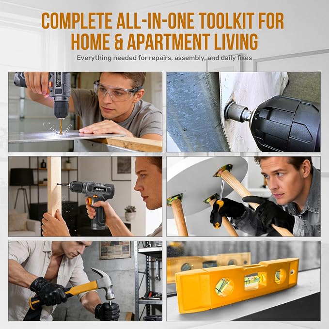 Hi-Spec 8V Cordless Drill Set & Home Tool Kit – USB Rechargeable Electric Power Drill Driver, Compact Tool Set with Essential Accessories, Gray, Perfect for DIY Repair, Maintenance, and Projects