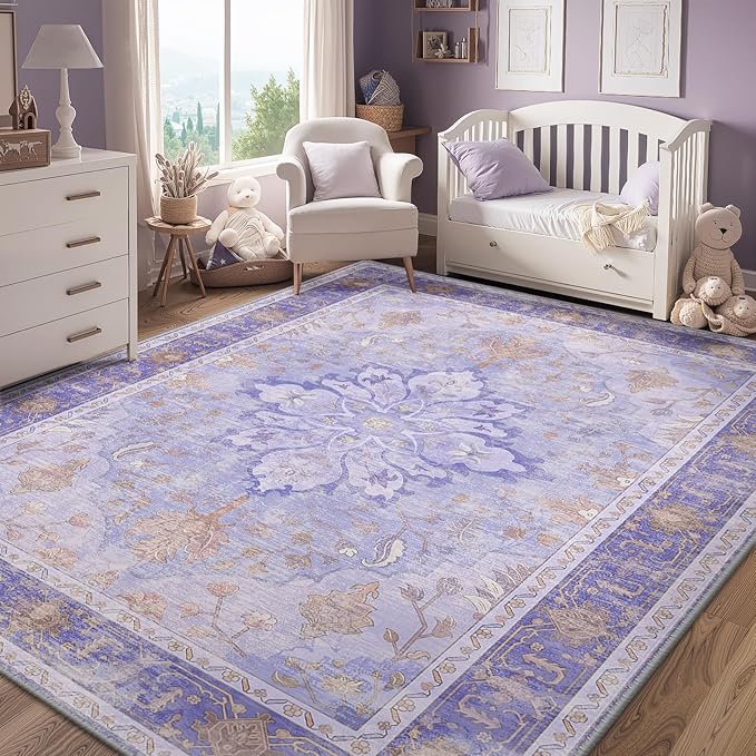 RELEANY Area Rugs 3'x5' Washable Non-Slip, Floral Vintage Distress Medallion Carpet for Living Room Bedroom Dining Room, Light Purple Brown