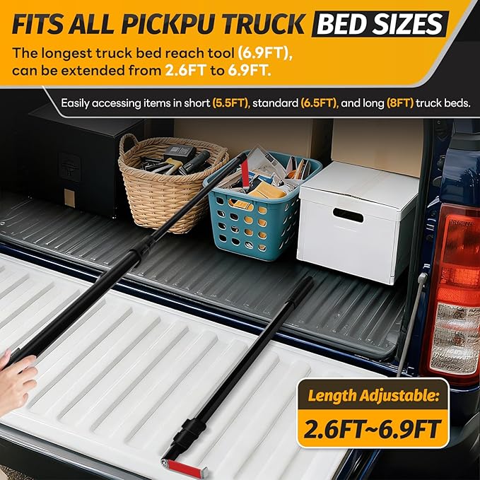 6.9 Ft Magnetically Mounted Truck Cargo Grabber Reach Retriever Tool with Two Hooks, Upgraded Extendable Telescoping Pickup Truck Bed Retriever Tool Magnetic Heavy Duty Truck Bed Accessories