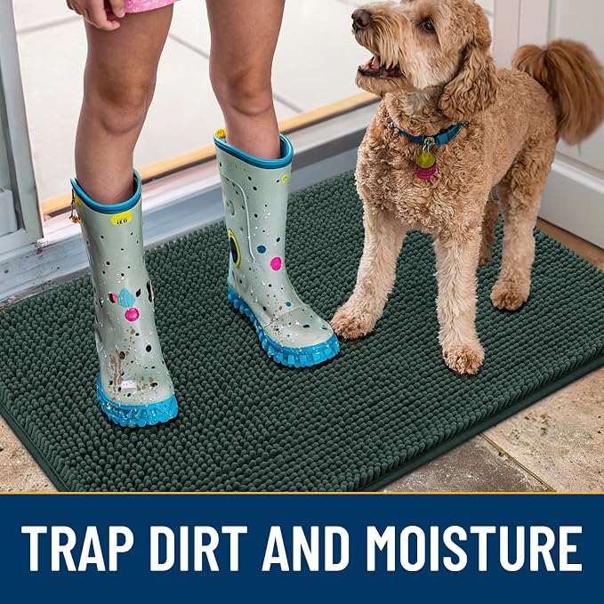 Smiry Dog Door Mat for Muddy Paws 47x32, Absorbent Dirt Trapper, Non-Slip Washable Chenille Entryway Rug for Inside Floor, Green, Classic Solid
