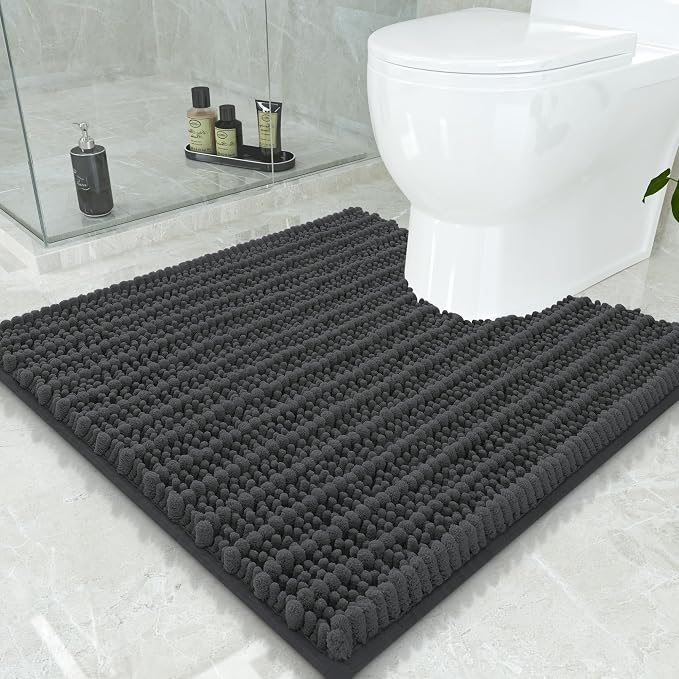 Smiry Bathroom Toilet Rugs U Shaped 24x24, Extra Soft Absorbent Non Slip Rubber Backing Chenille Contour Bath Rugs for Toilet, Machine Washable Contoured Bath Mats, Dark Grey