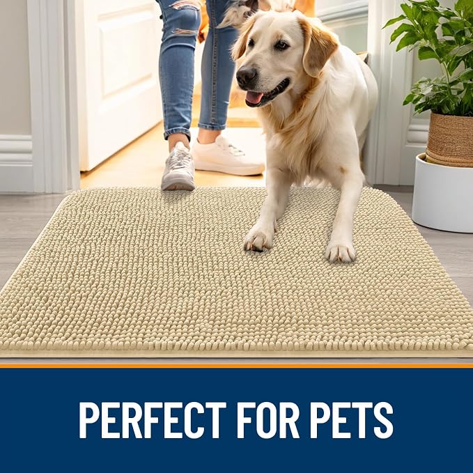 OLANLY Dog Door Mat for Muddy Paws 50x30, Absorbs Moisture and Dirt, Absorbent Non-Slip Washable Doormat, Quick Dry Chenille Mud Mat for Dogs, Entry Indoor Entryway Carpet for Inside Floor, Sand