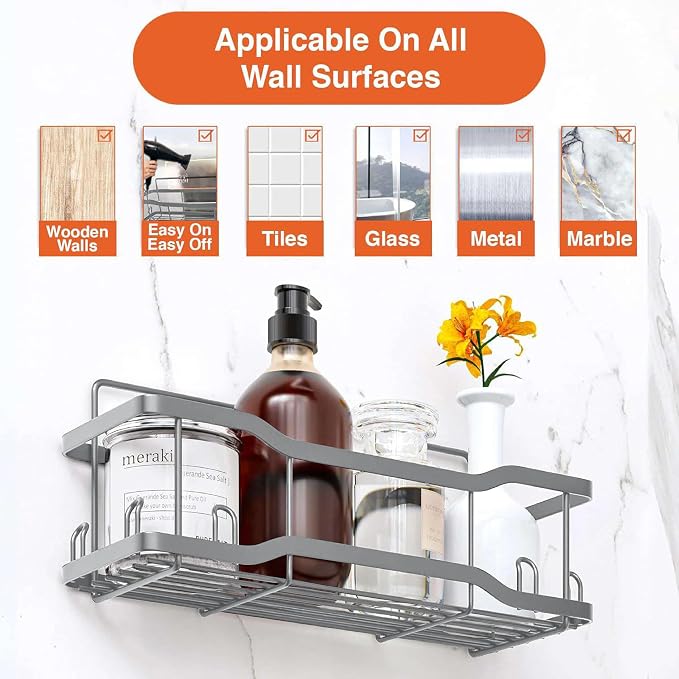 Shower Caddy Bathroom Shelves, The Athena Silken 4 Set, 40LB Capacity, Adhesive Tape No Drill - Rustproof -Gorgeous Powder Coated 304 Stainless Steel Shower Organizer for kitchen & Home Decor - Silver